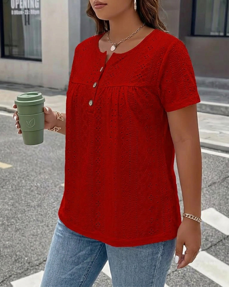 T-Shirt Ajouré Col Henry Manches Courtes