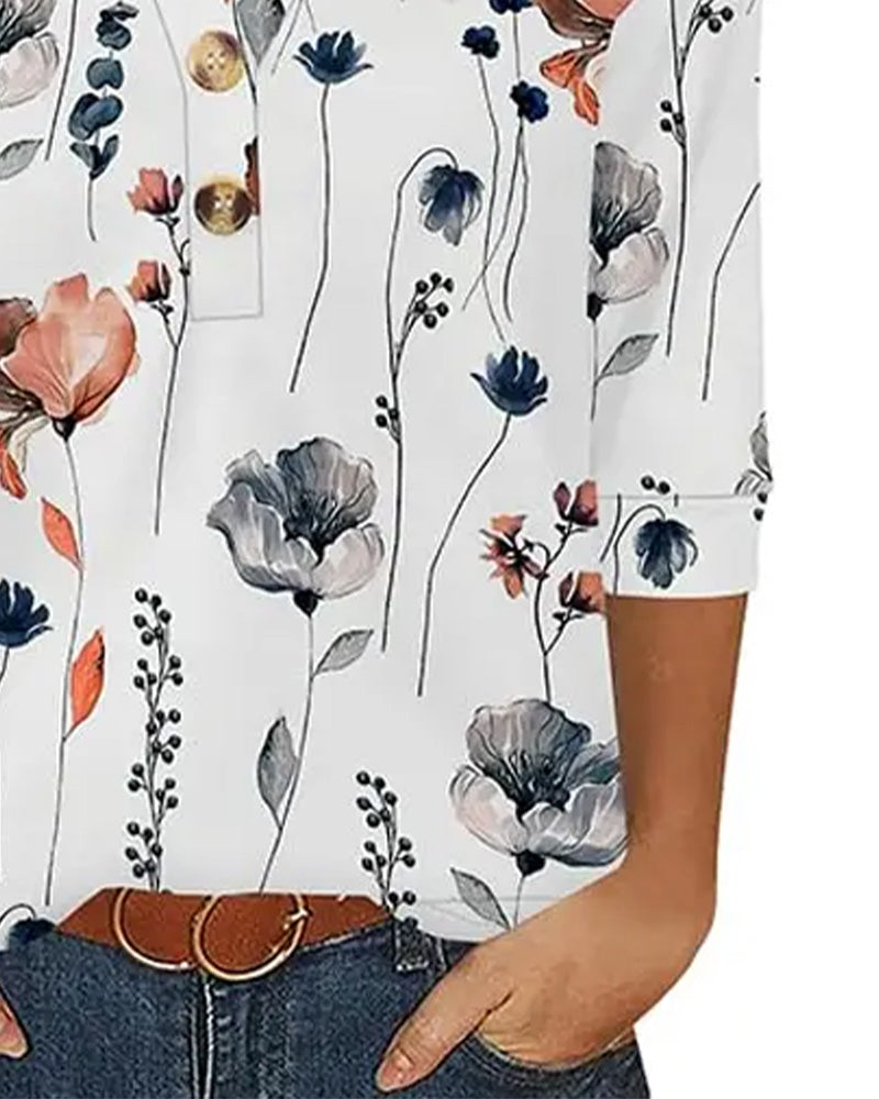 Blouse Col En V Boutonnée Manches Trois-Quarts