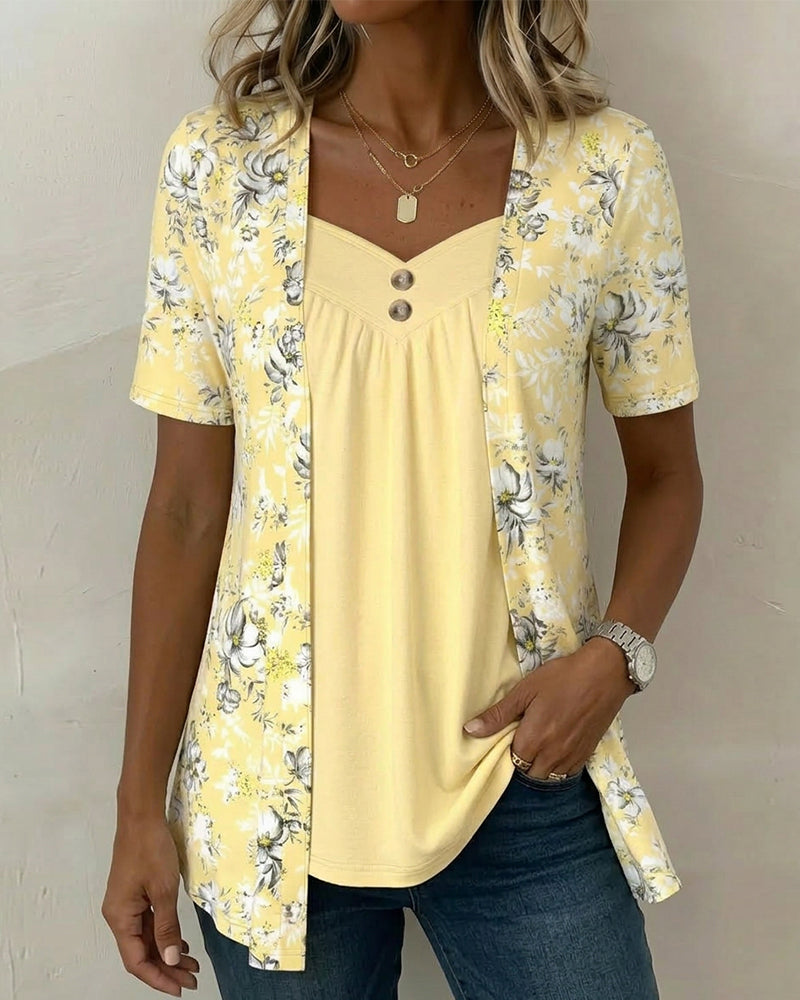 T-Shirt Imprimé Floral Fausse Deux Pièces