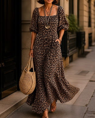 Robe Col Carré Léopard Mode