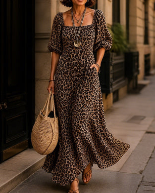 Robe Col Carré Léopard Mode
