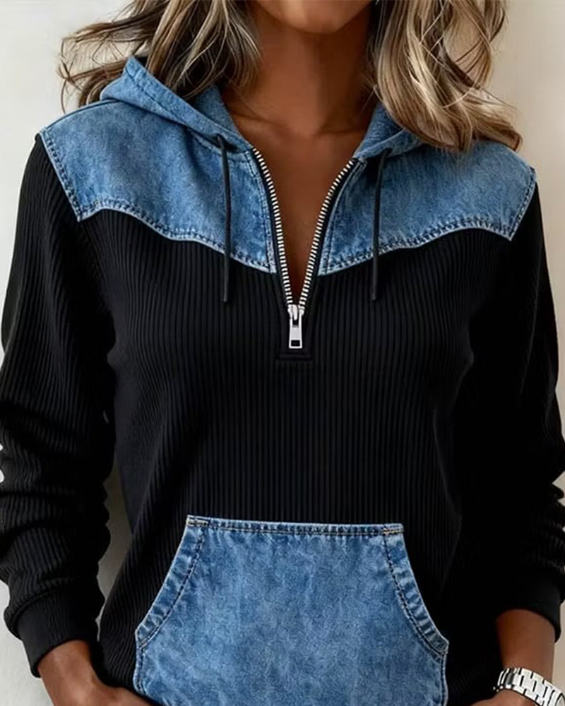 Sweat à Capuche Fermeture Éclair Denim Patchwork
