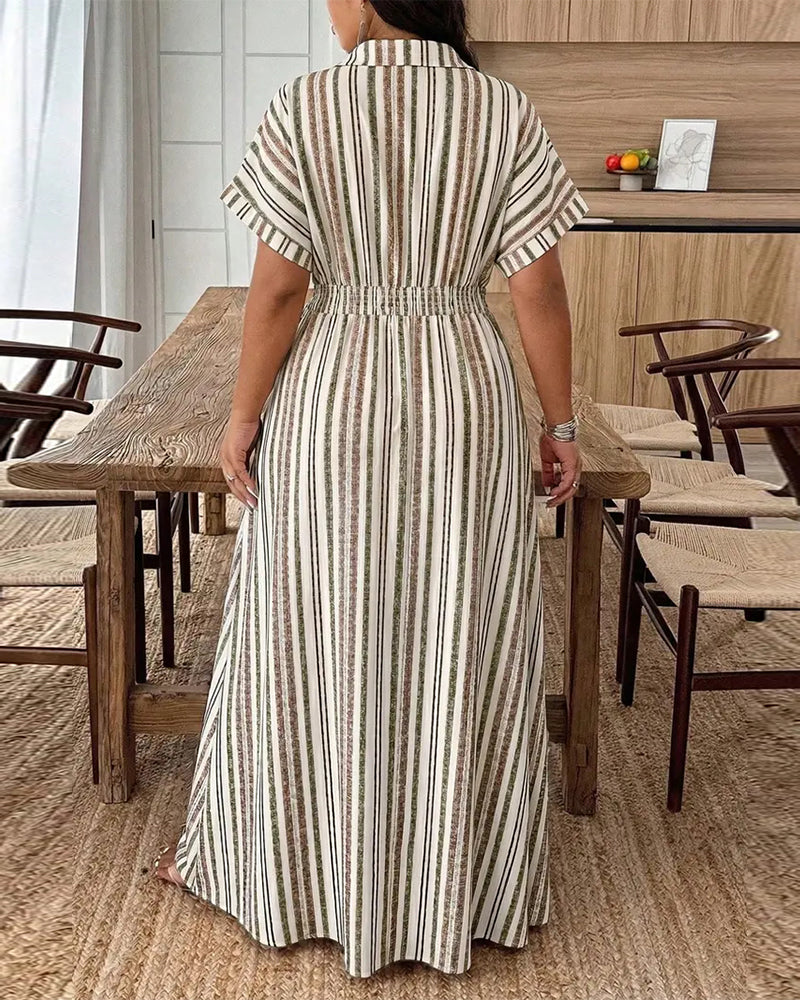 Robe Rayée Manche Courte Revers