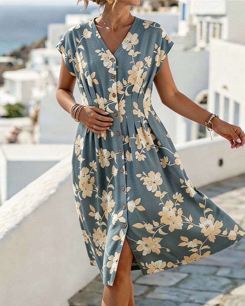 Robe Col En V Imprimé Taille Cintrée Boutonnage Devant