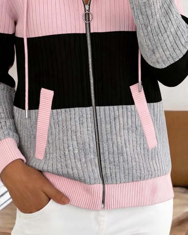Manteau Capuche Fermeture Éclair Nervuré Bloc De Couleur