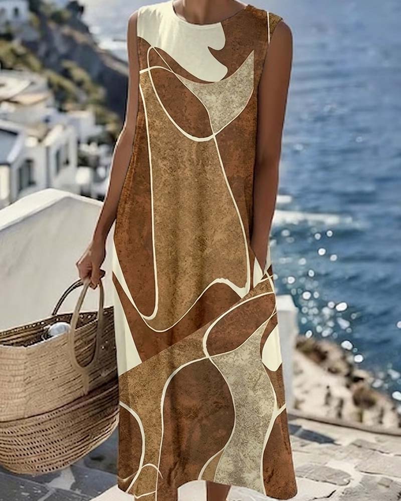 Robe Col Rond Sans Manches Couleur Contrastée