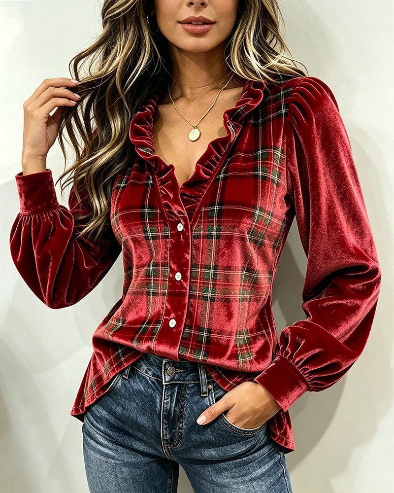 Blouse Volant Col En V Velours À Carreaux Panneau