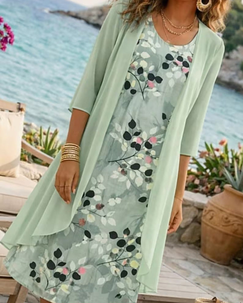 Ensemble Encre Feuille Verte Robe Sans Manches Cache