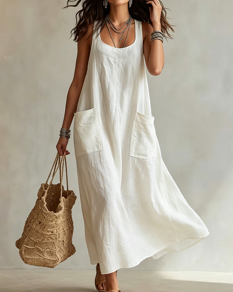Robe Col En U Sans Manches Unie Poche
