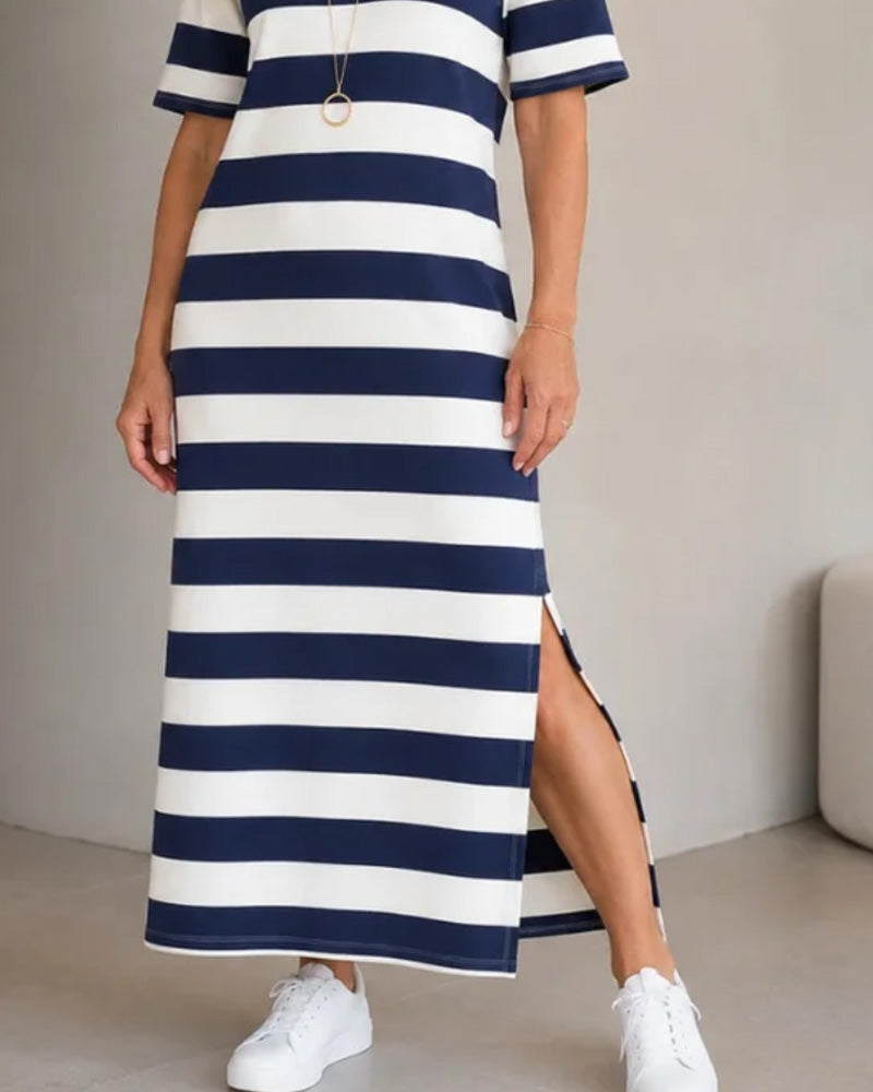 Robe Rayée Manches Courtes Fente Longue T-Shirt