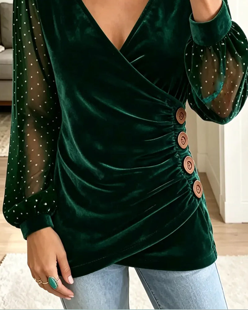 Chemisier Col V Bouton Polka Dot Asymétrique