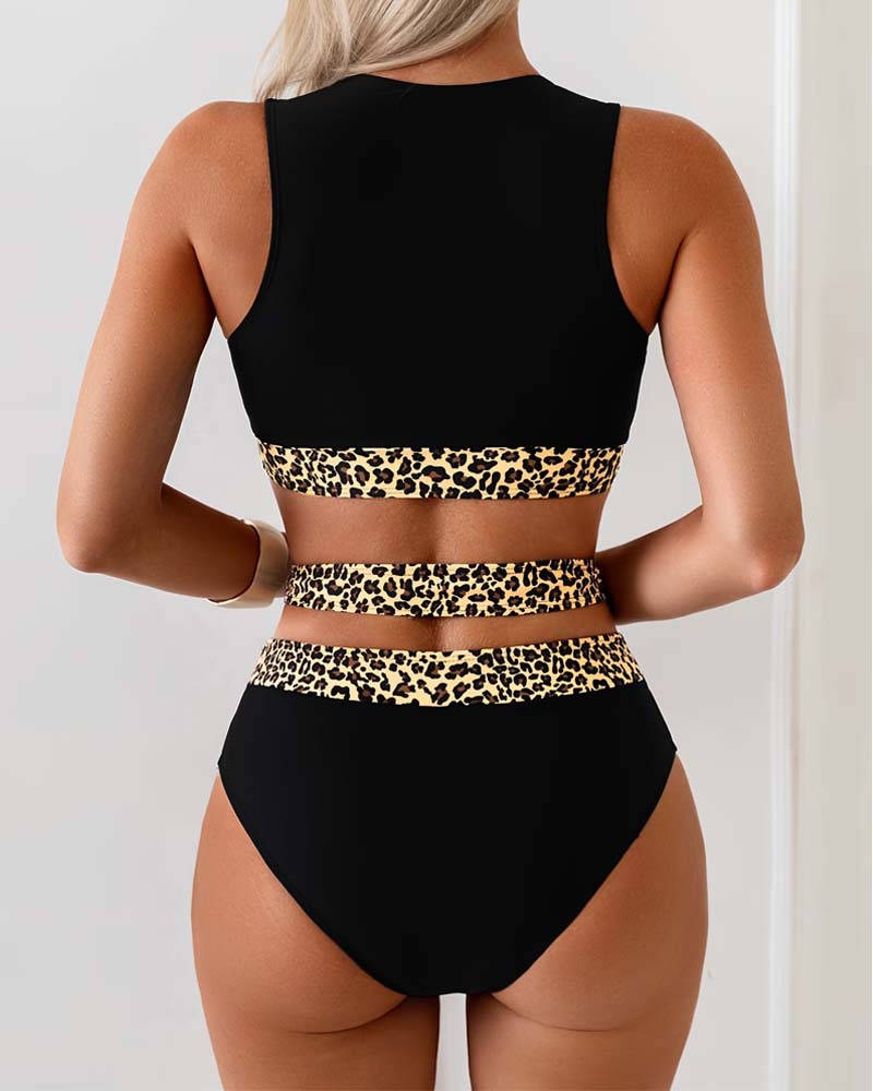 Bikini Léopard Patchwork Croisé Taille Haute