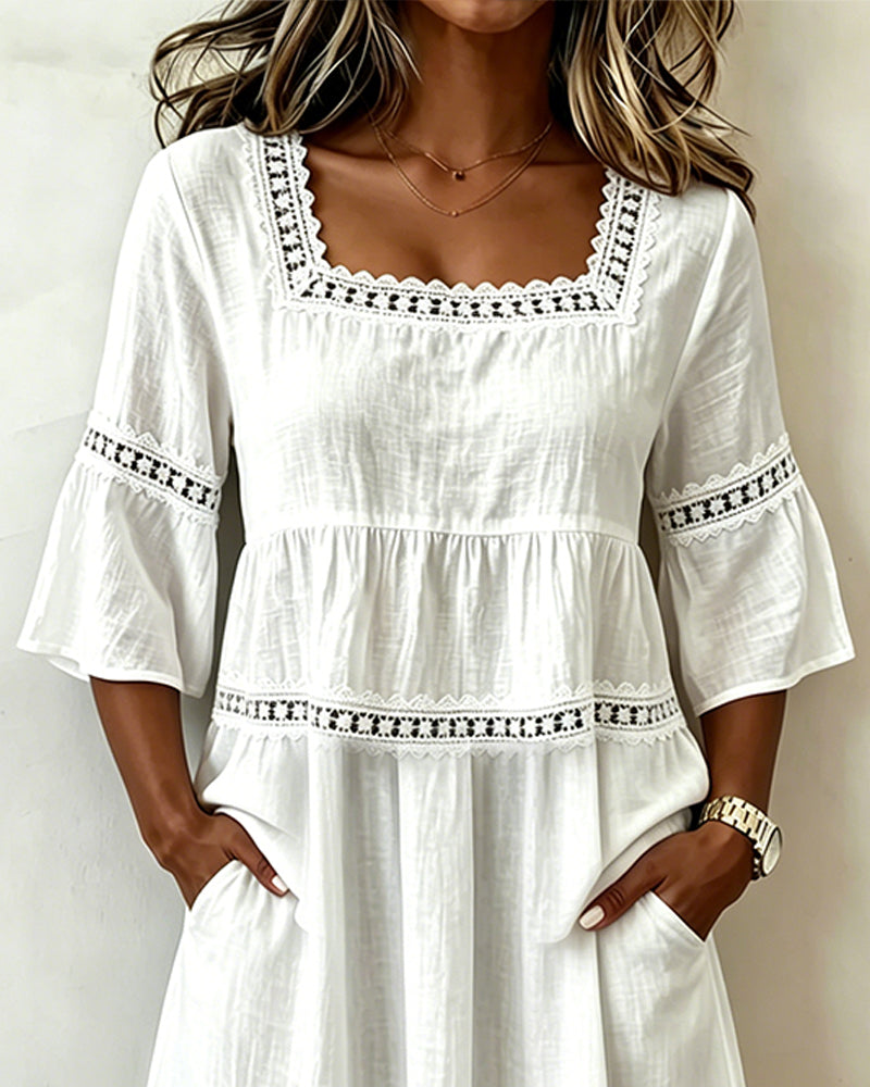 Robe Col Carré Dentelle Patchwork