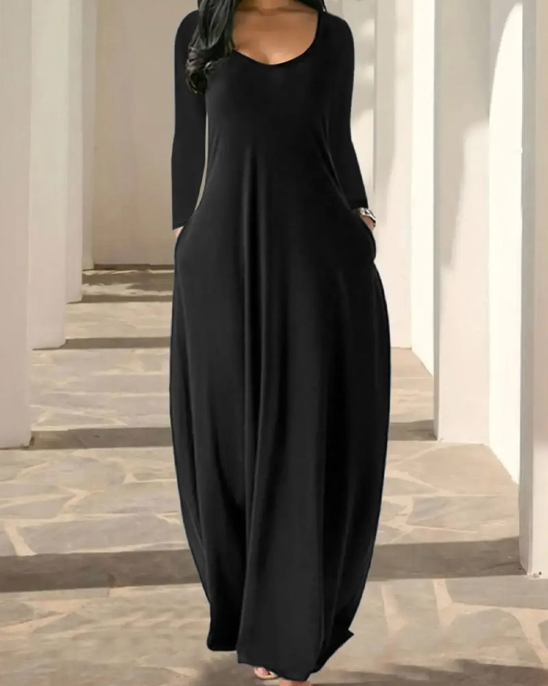 Robe Col-Rond Poche Jupe-Pleine Manche-Longue