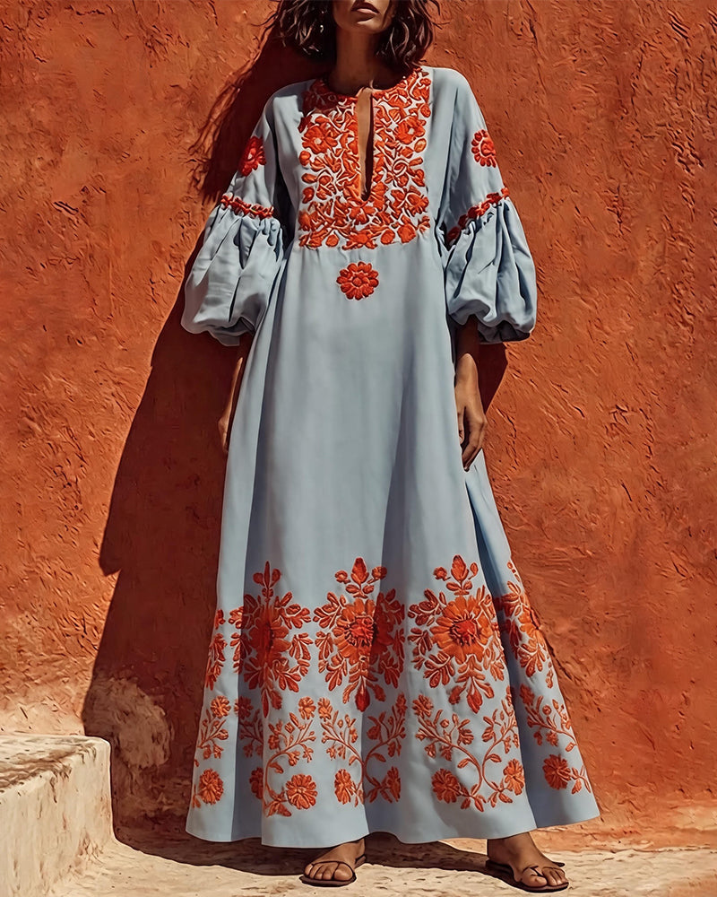 Robe Col V Fleuri Manche Lanterne