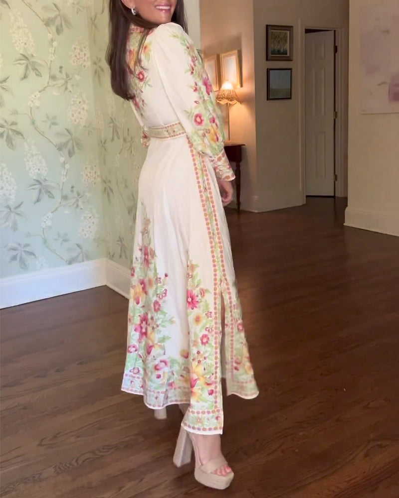 Robe longue élégante à manches longues et revers à imprimé floral