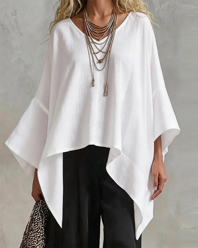 Blouse Col En V Irrégulier Manches Chauve-Souris Lâche
