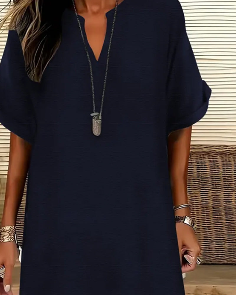 Robe Col En V Manches Courtes Unie Fourreau