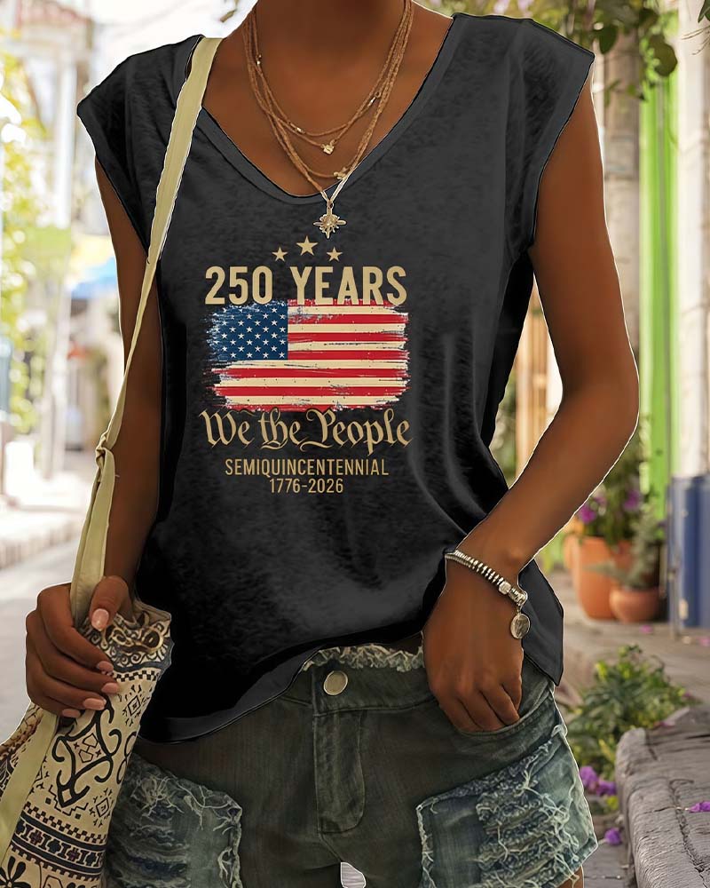 T-Shirt Col V Imprimé Sans Manche