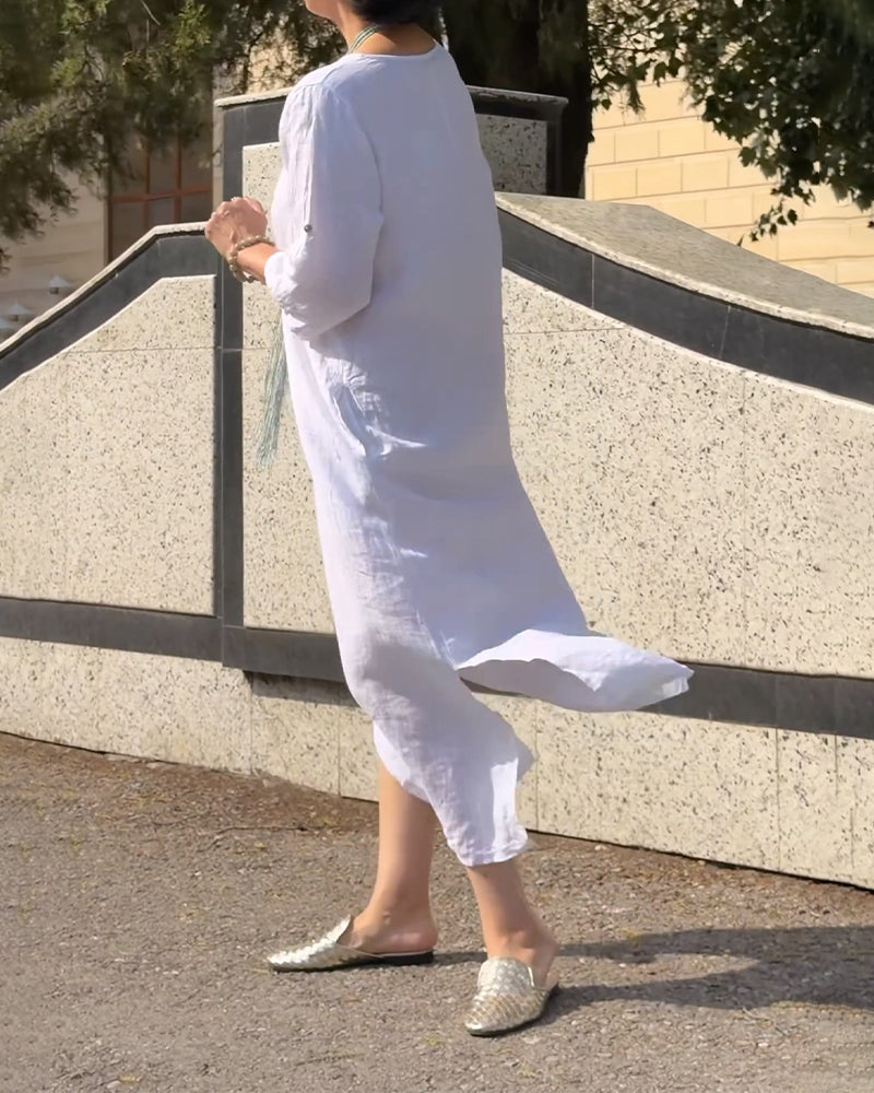 Robe Col Rond Unie Manche Coude Lâche