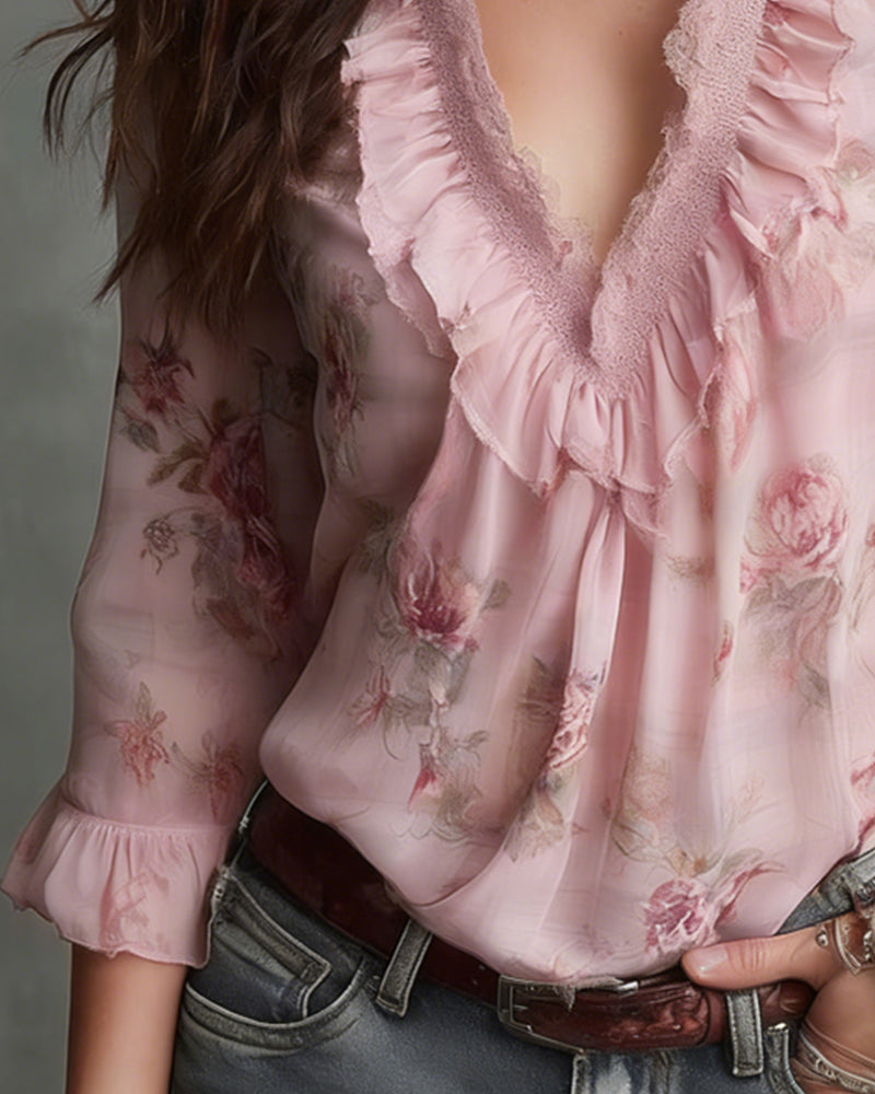 Blouse Fleuri Col V Froncé