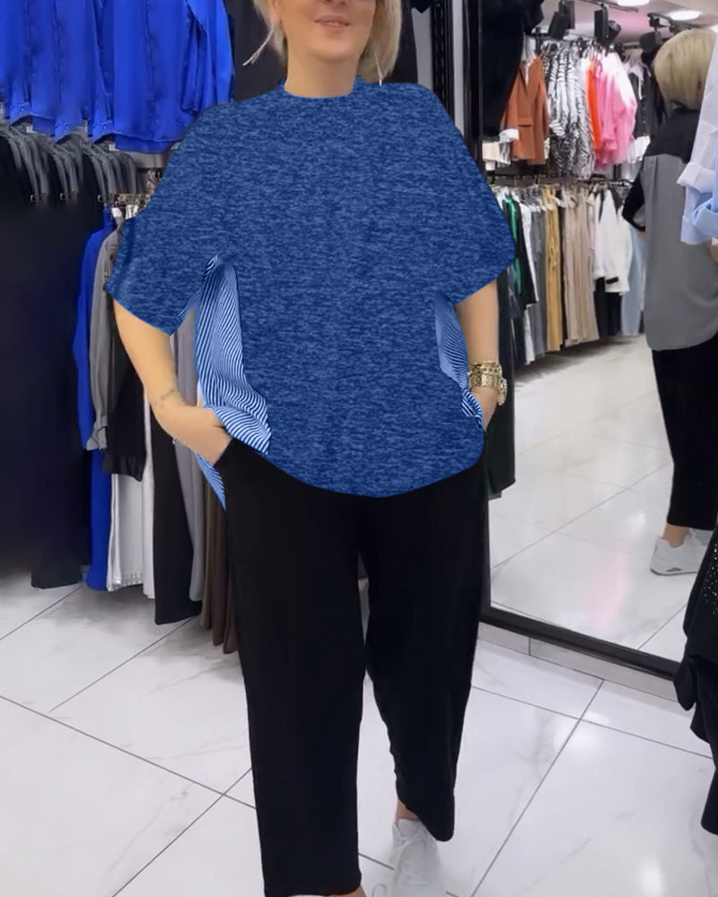 Blouse décontractée patchwork à fines rayures