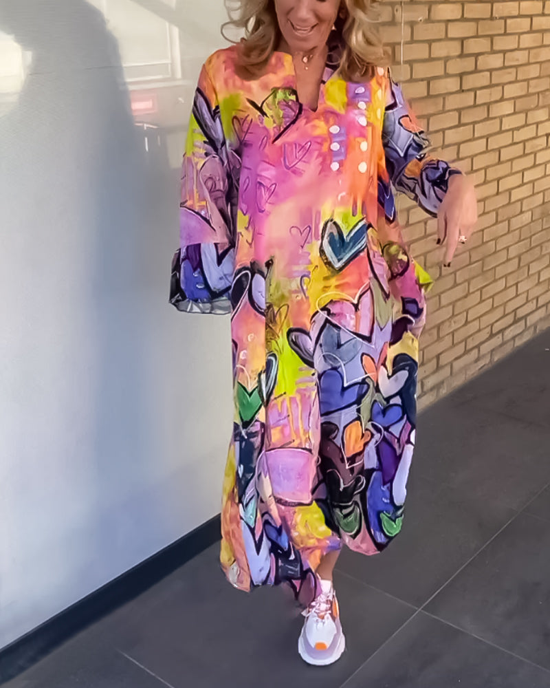 Robe à col en V à imprimé cœur avec manches longues