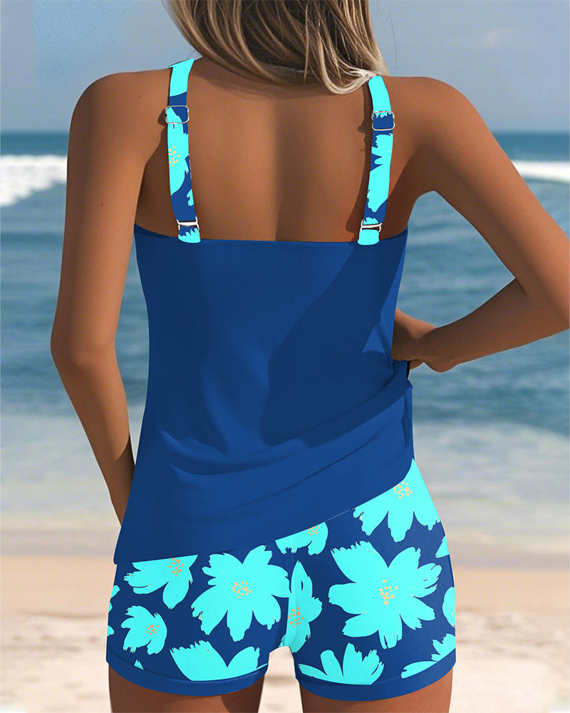 Tankini Décolleté En U Sans Manches Imprimé Boxer