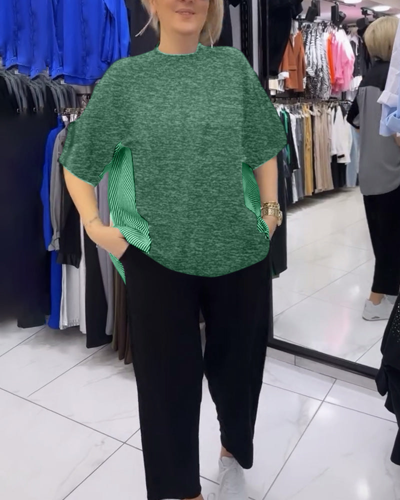 Blouse décontractée patchwork à fines rayures