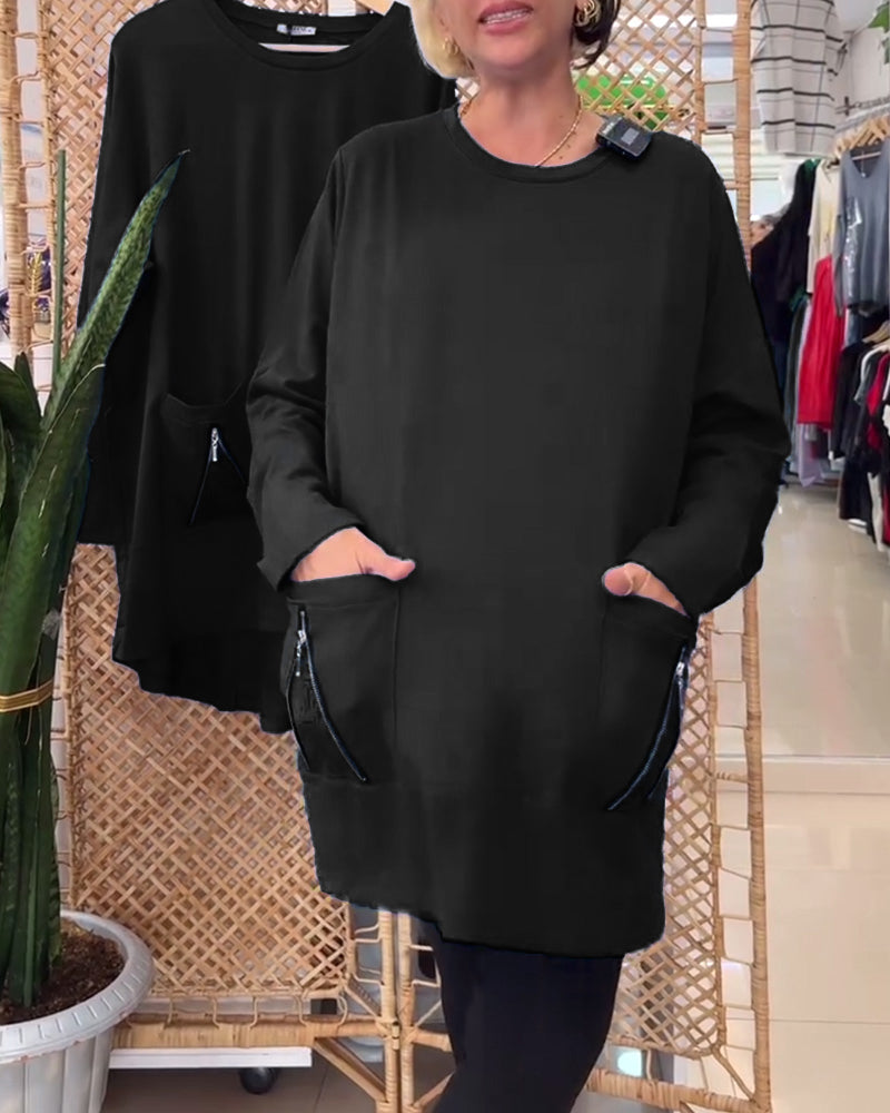 Sweat col rond couleur unie poche zippée