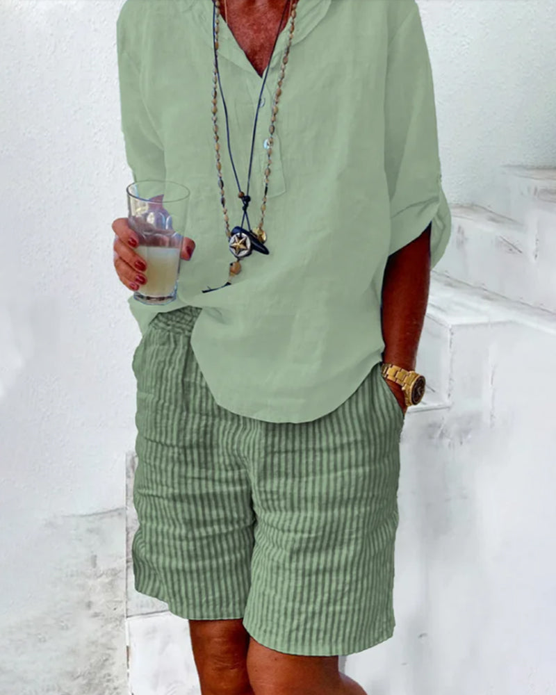 Short à rayures en coton et lin