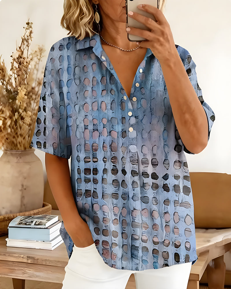Blouse Imprimé Pois Bouton Demi-Patron