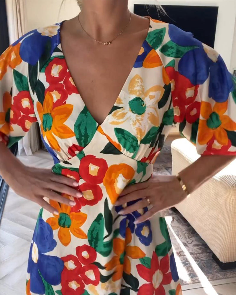 Robe col V à imprimé fleuri