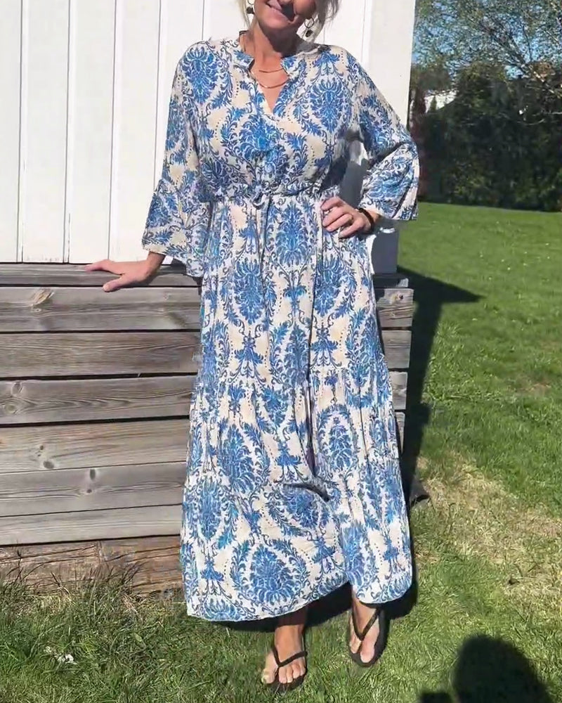 Robe imprimée à cordon de serrage et manches cloche