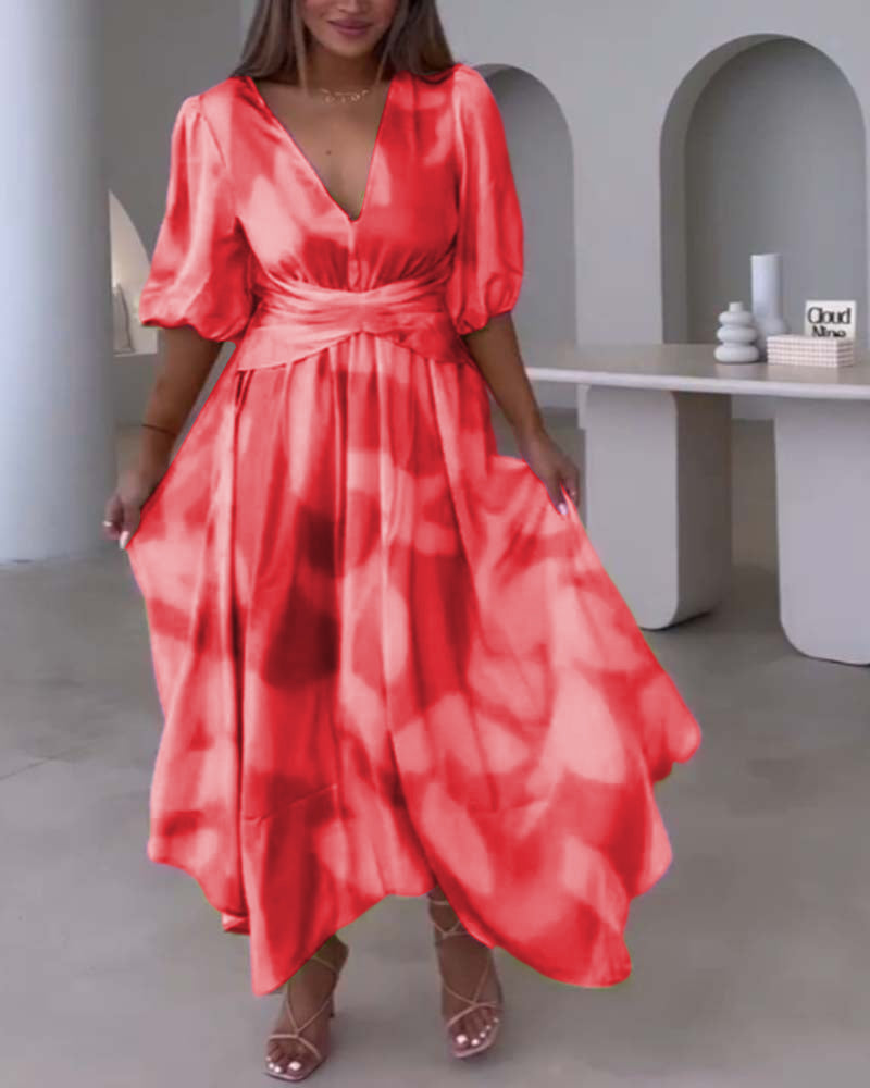 Robe élégante imprimée à manches mi-longues et décolleté en V