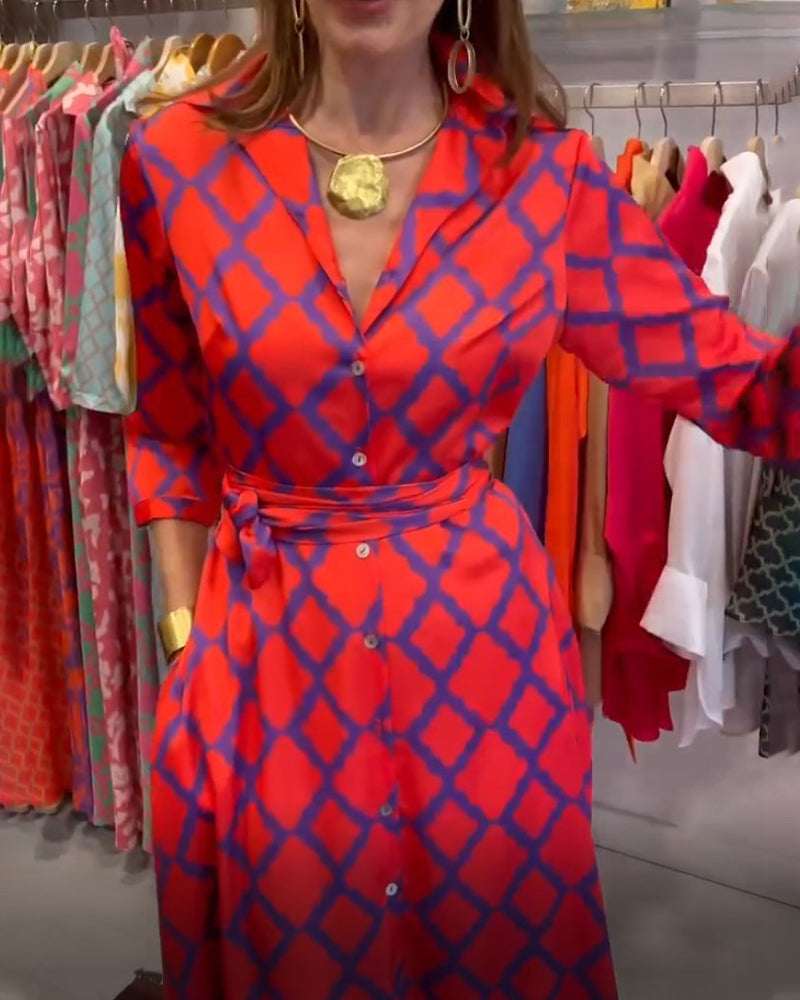 Robe chemise col V manches 3/4