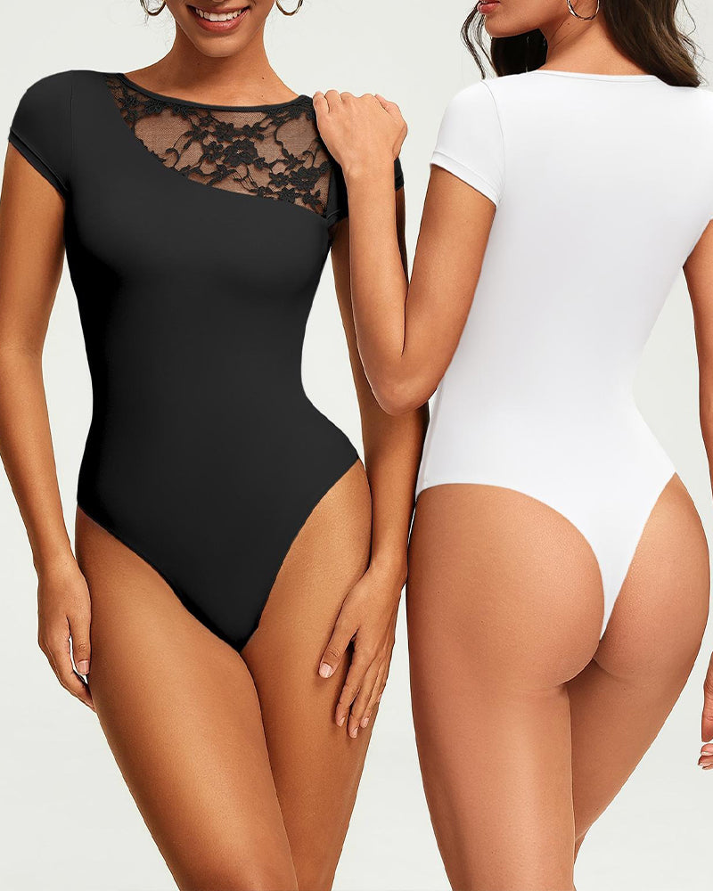 T-Shirt Sheer Dentelle Panneau Ajusté Bodysuit