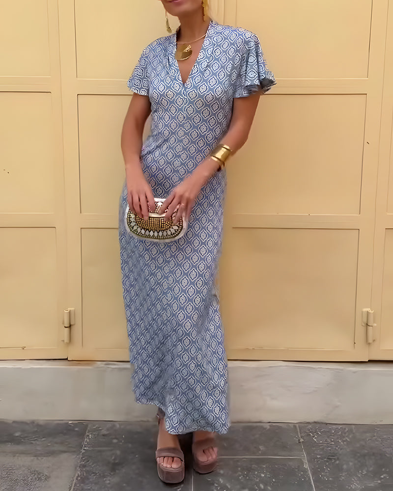 Robe Col V Imprimé Diamant Manche Volantée