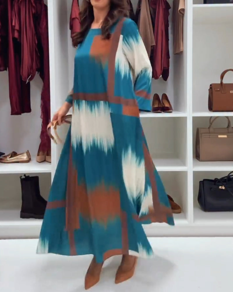 Robe Tendance Imprimée À Col Rond Et Manches Longues