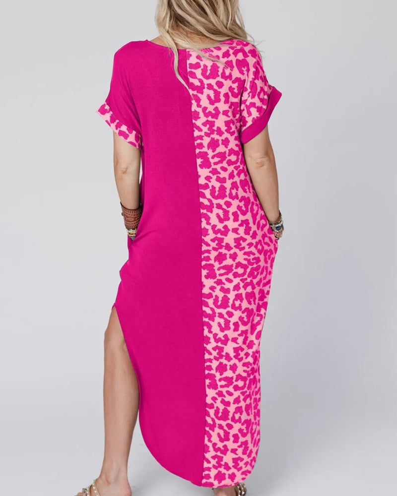 Robe col rond en bloc de couleur léopard