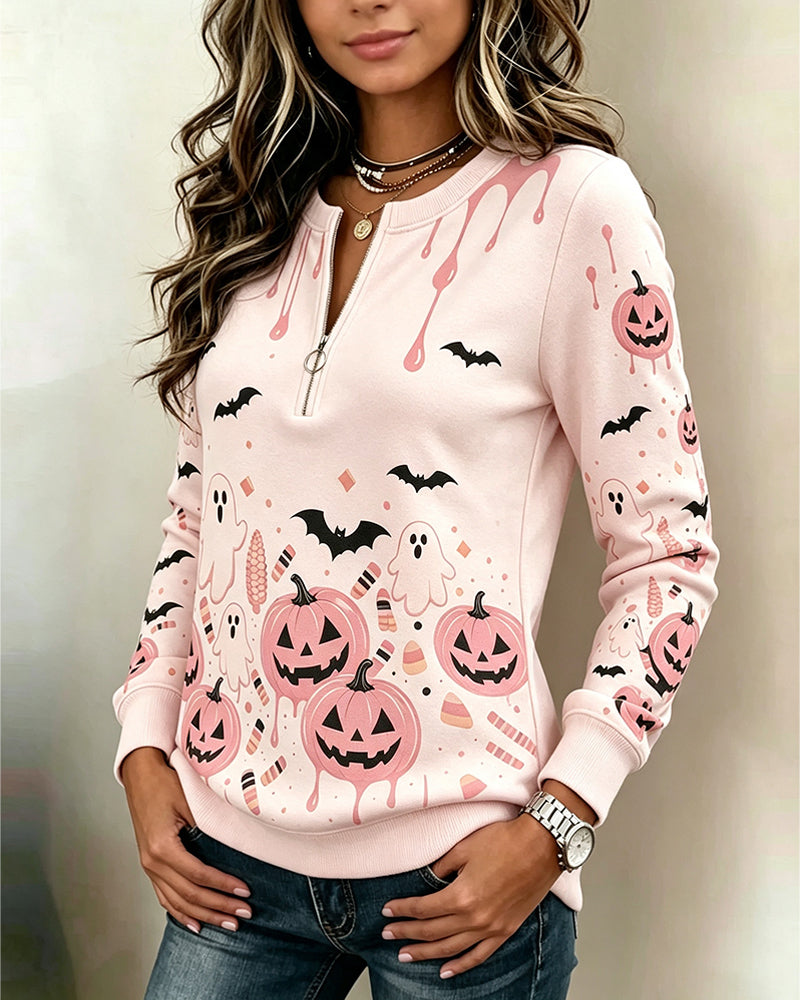 Sweat Capuche Fermeture Éclair Manche Longue Halloween Citrouille