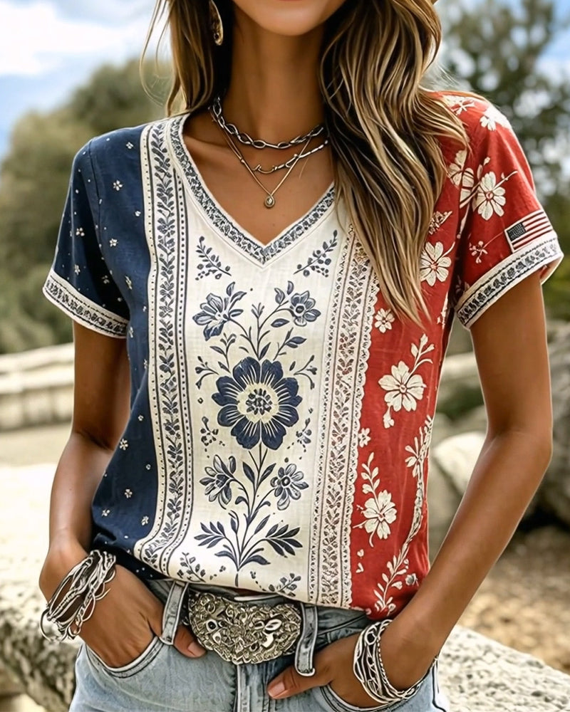 T-Shirts Colorblock Ethnique Floral Col V