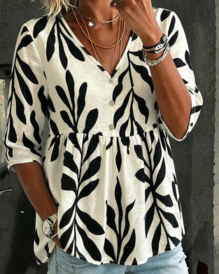Blouse Col V Lâche Imprimé Manche Courte