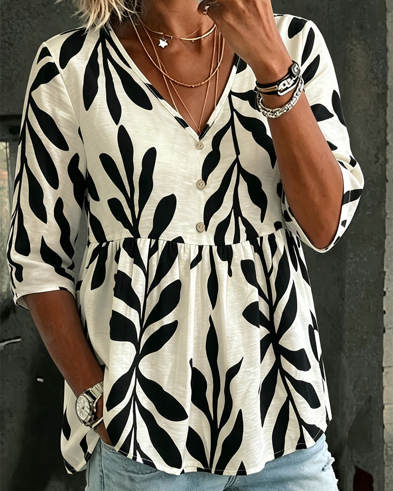Blouse Col V Lâche Imprimé Manche Courte