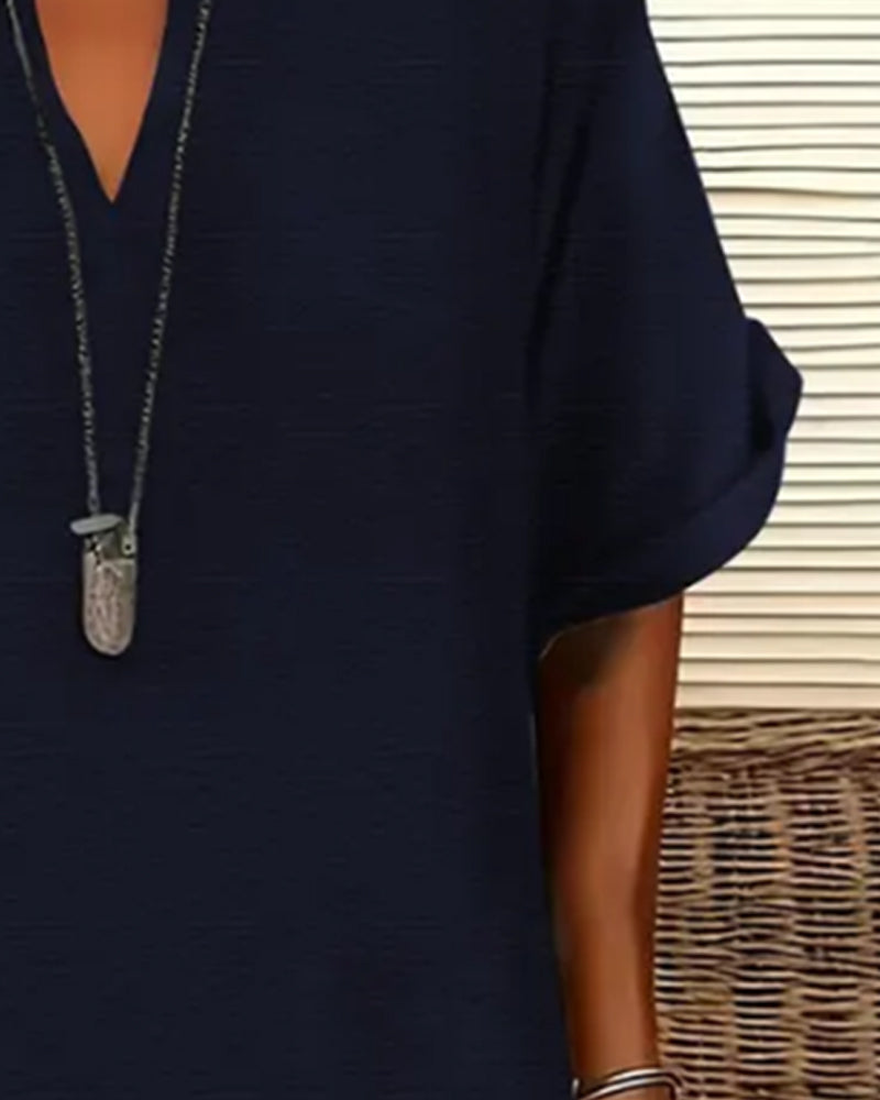 Robe Col En V Manches Courtes Unie Fourreau