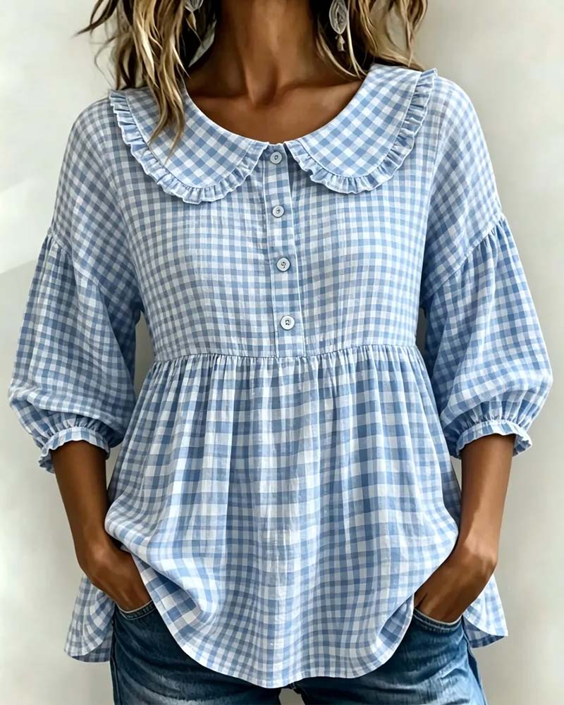 Blouse Col Peter Pan Carreau Cintré