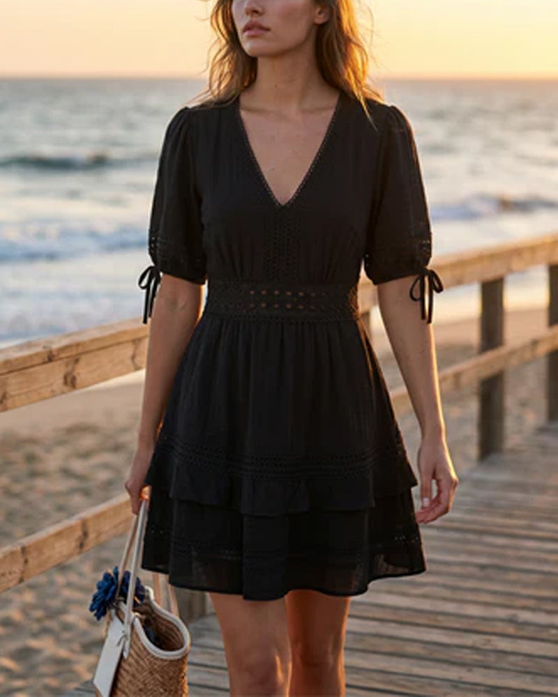 Robe Col V Superposée Unie Dentelle Patchwork