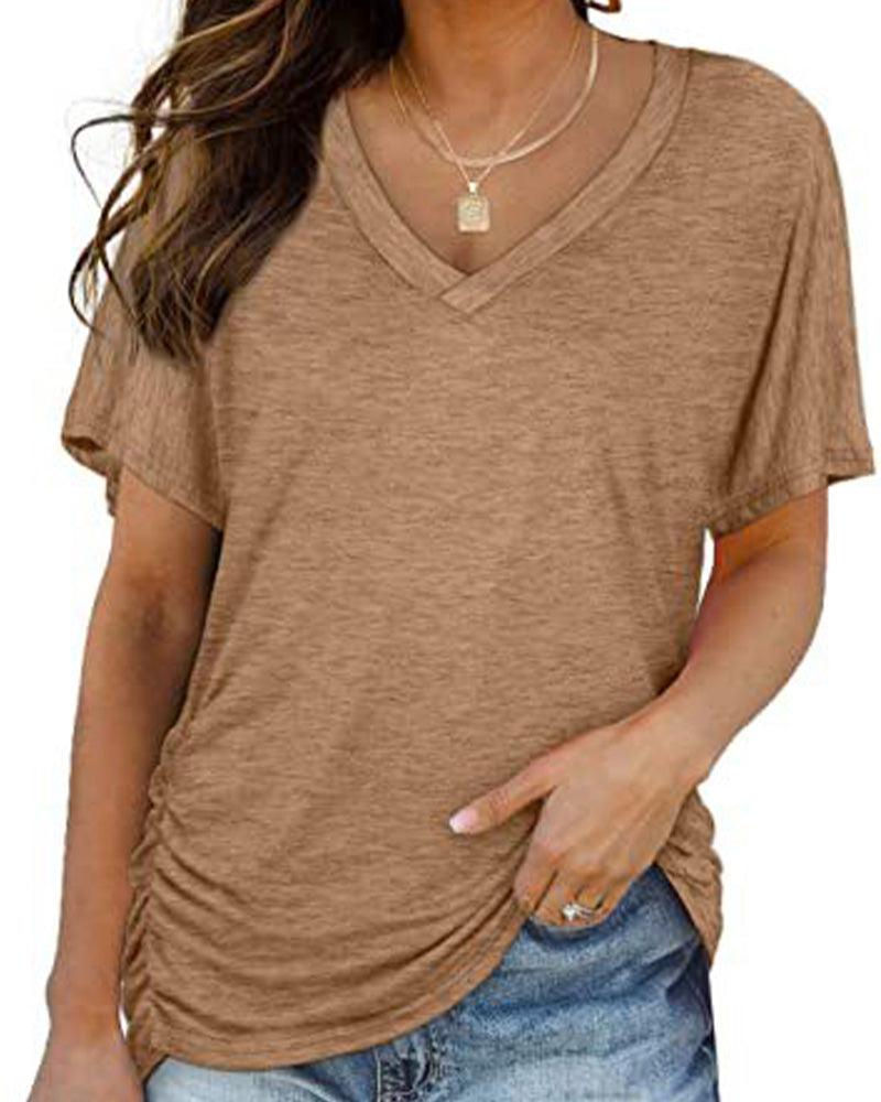 T-Shirt Plissé Uni Col En V
