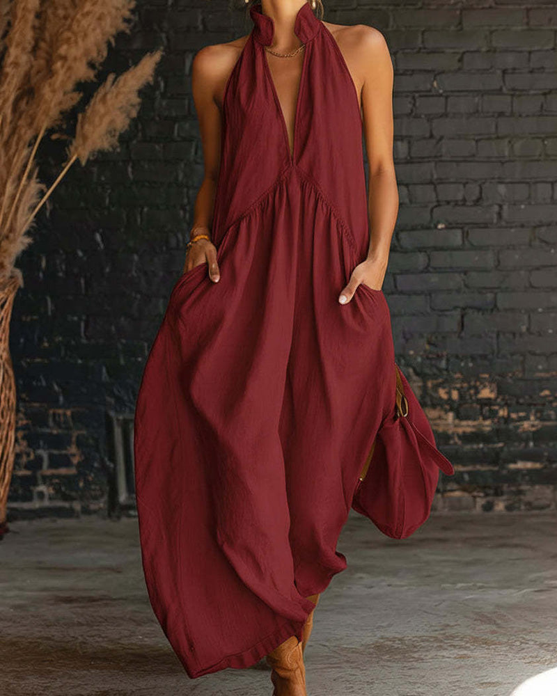 Robe 100% Coton Sans Manches Col Montant Unie Maxi