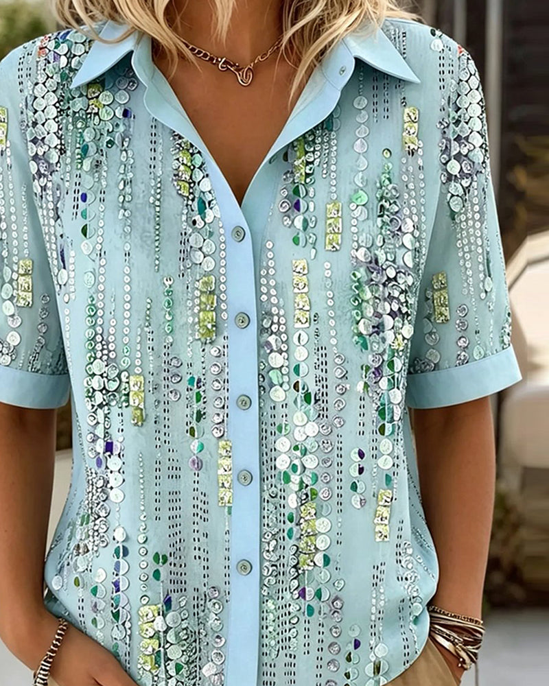 Chemise Paillette Rayure Verticale Manches Courtes